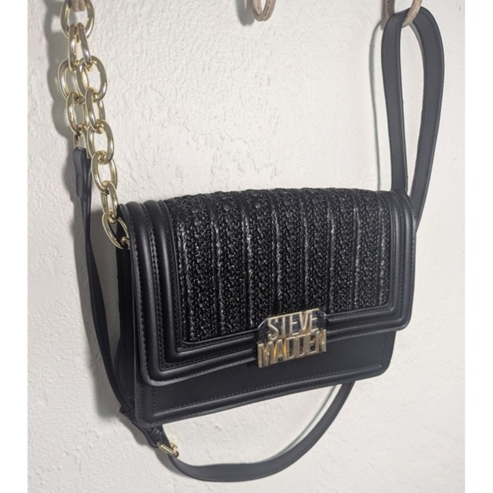 Steve Madden Black Crossbody Bag Woven Chain Strap‎ Flap Closure